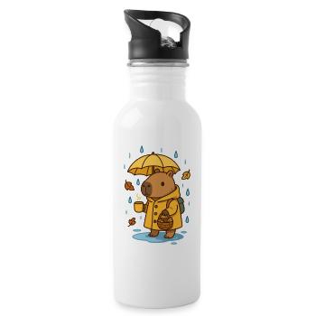 Capybara in the Rain – Cozy Autumn Feeling - Water bottle with straw - white - Right