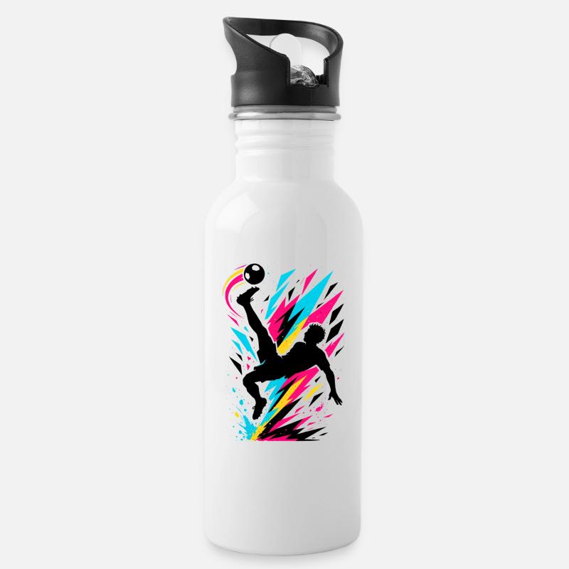 Neon Fussball Spieler mit Ball - Trinkflasche mit integriertem Trinkhalm - Weiß