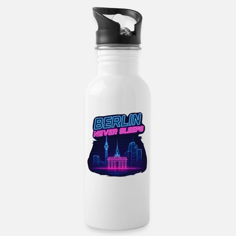 Berlin Never Sleeps Neon Skyline Design - Trinkflasche mit integriertem Trinkhalm - Weiß
