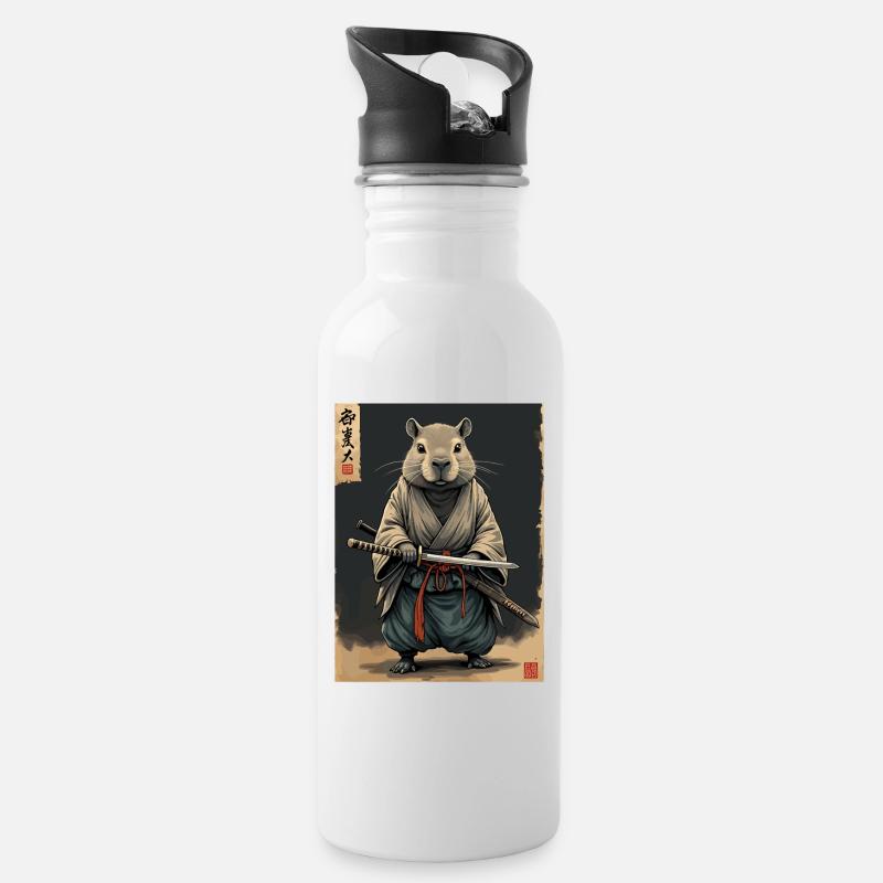 Cappibara-Samurai mit Katana - Trinkflasche mit integriertem Trinkhalm - Weiß