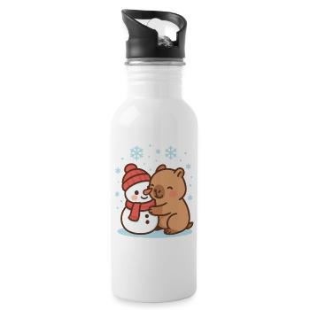 Capybara umarmt Schneemann im Winter - Trinkflasche mit integriertem Trinkhalm - Weiß - Rechts
