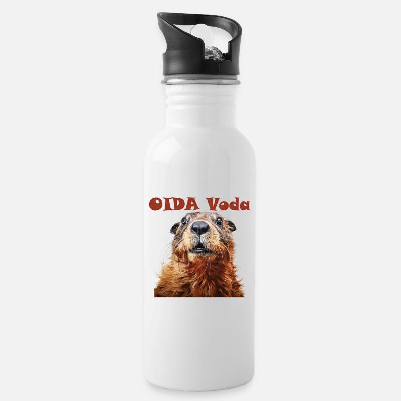 Oida Voda Murmeltier Design - Trinkflasche mit integriertem Trinkhalm - Weiß