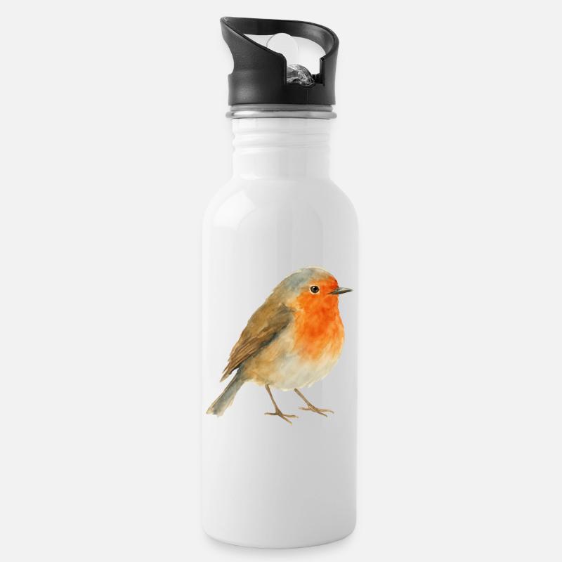 Aquarell Rotkehlchen - Trinkflasche mit integriertem Trinkhalm - Weiß