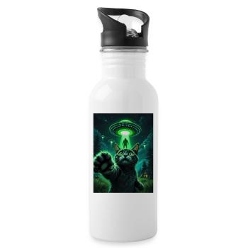 Neonkatze und UFO Rettung - Trinkflasche mit integriertem Trinkhalm - Weiß - Rechts