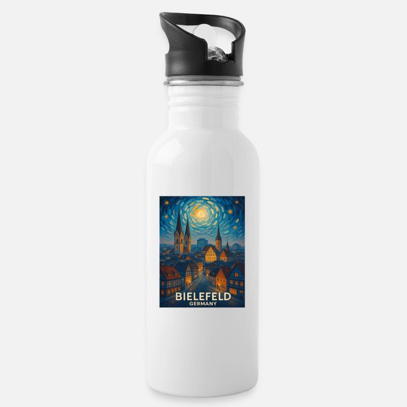 Bielefeld Nachtpanorama Skyline - Trinkflasche mit integriertem Trinkhalm - Weiß