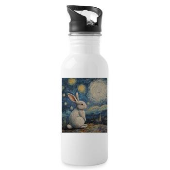 Rabbit Van Gogh Style Starry Night - Water bottle with straw - white - Right