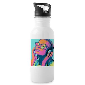Neon Popart Kopfhörerporträt - Trinkflasche mit integriertem Trinkhalm - Weiß - Rechts