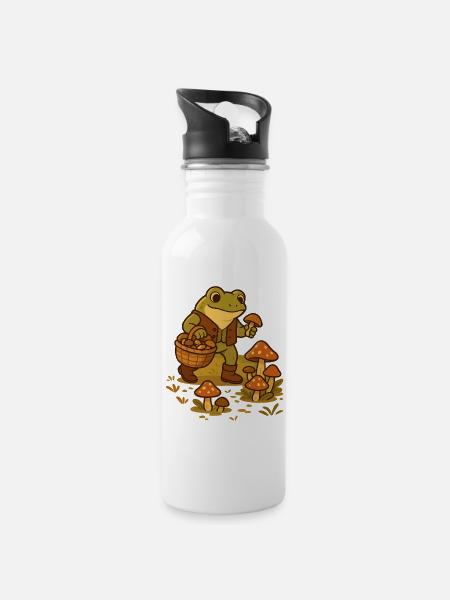 Frosch mit Pilzkorb – Mushroom Picker Frog - Trinkflasche mit integriertem Trinkhalm - Weiß