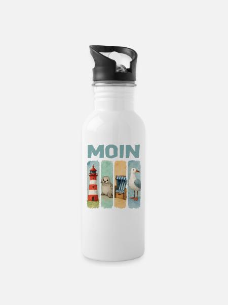 Moin Leuchtturm Robbe Strandkorb Möwe Küste - Trinkflasche mit integriertem Trinkhalm - Weiß