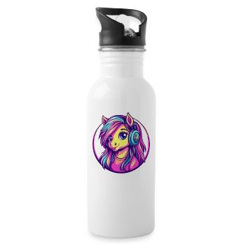 Neon pony with headphones – colorful cartoon pony - Water bottle with straw - white - Right