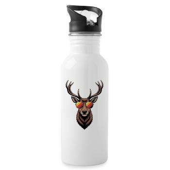 Hirsch mit Geweih und Sonnenbrille - Trinkflasche mit integriertem Trinkhalm - Weiß - Rechts