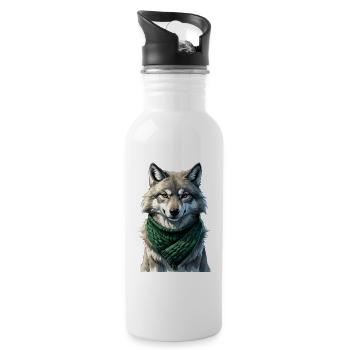 Wolfsilhouette mit Grünschal - Trinkflasche mit integriertem Trinkhalm - Weiß - Rechts