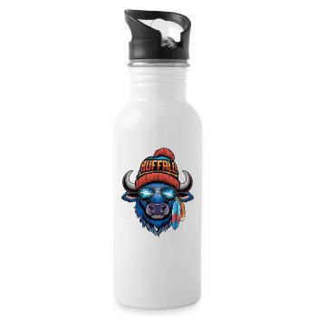 Cool Bison with Hat and Glasses Buffalo - Water bottle with straw - white - Right