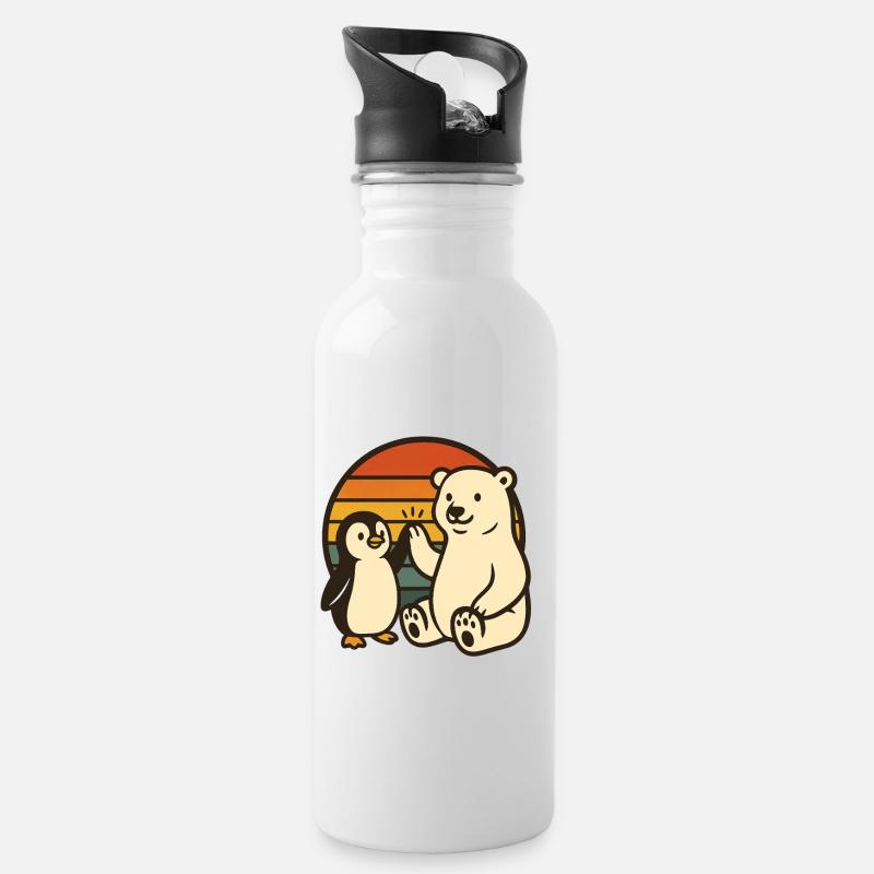 Eisbär und Pinguin - Trinkflasche mit integriertem Trinkhalm - Weiß