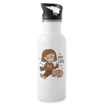 Cozy Girl & Cat – My Life Design - Trinkflasche mit integriertem Trinkhalm - Weiß - Rechts