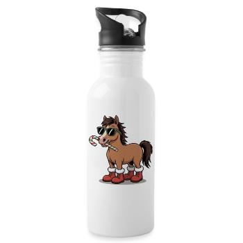 Winterpferd im Candy Cane Stil - Trinkflasche mit integriertem Trinkhalm - Weiß - Rechts
