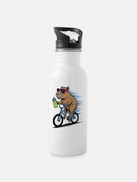 Biber auf Fahrrad mit Sonnenbrille - Trinkflasche mit integriertem Trinkhalm - Weiß