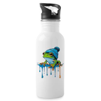 Frosch mit blauer Beanie - Trinkflasche mit integriertem Trinkhalm - Weiß - Rechts