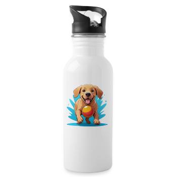 Dessin animé Chien joyeux avec balle - Gourde avec paille intégrée - blanc - Droite