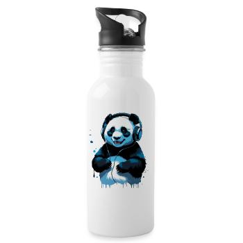 Blauer Panda am Musik hören - Trinkflasche mit integriertem Trinkhalm - Weiß - Rechts