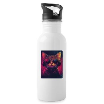 Coole DJ Katze mit Sonnenbrille - Trinkflasche mit integriertem Trinkhalm - Weiß - Rechts