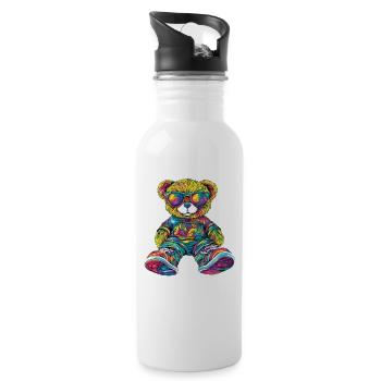 Colorful bear teddy bear with sunglasses - Water bottle with straw - white - Right