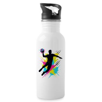 Handball Spieler Splash, bunter Sprungwurf, Action - Trinkflasche mit integriertem Trinkhalm - Weiß - Rechts