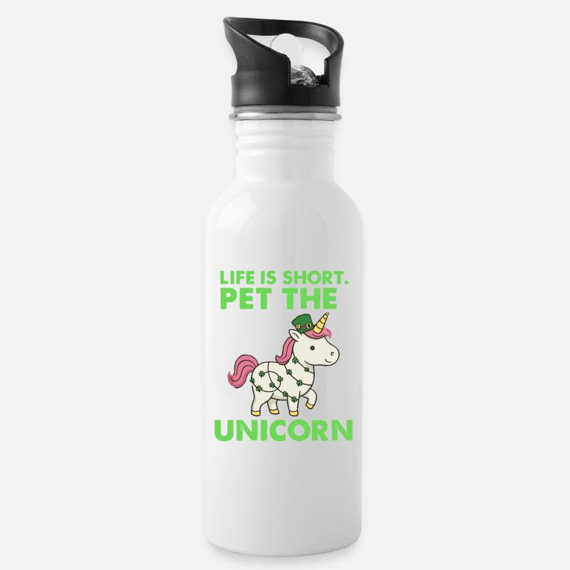 Leben kurz – Einhorn streicheln - Trinkflasche mit integriertem Trinkhalm - Weiß