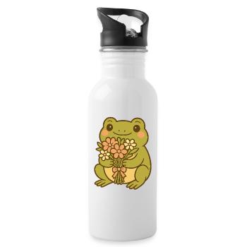 Kawaii Frosch mit Blumenstrauß – Cute Frog Art - Trinkflasche mit integriertem Trinkhalm - Weiß - Rechts