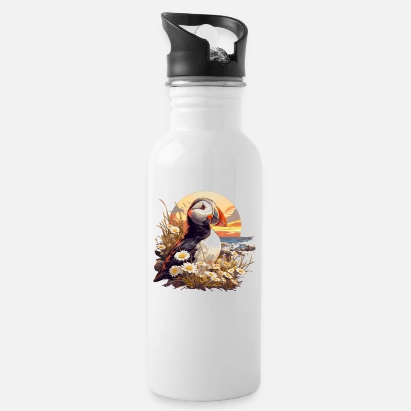 Puffin Papageientaucher - Trinkflasche mit integriertem Trinkhalm - Weiß