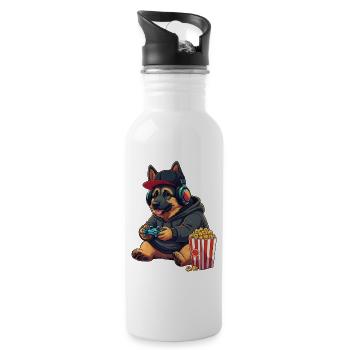 German Shepherd Gamer Dog With Popcorn - Water bottle with straw - white - Right