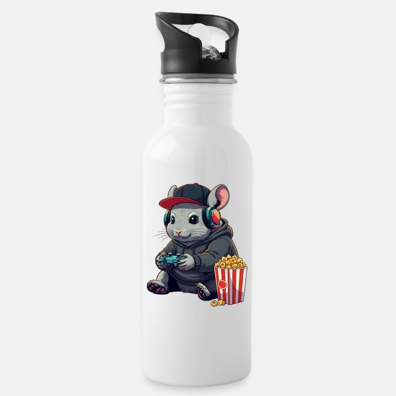 Chinchilla-Gamer mit Popcorn - Trinkflasche mit integriertem Trinkhalm - Weiß