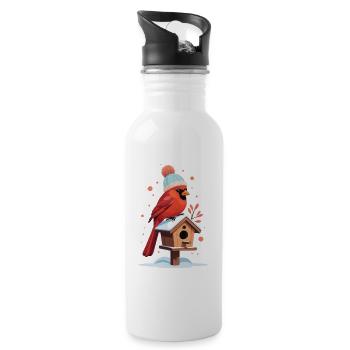 Winter Cardinal at the Birdhouse - Water bottle with straw - white - Right