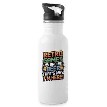 Retro-Spiele und Bier, deshalb bin ich hier. - Trinkflasche mit integriertem Trinkhalm - Weiß - Rechts