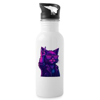 Synthwave Cat 2 Retro Rock 80s - Water bottle with straw - white - Right