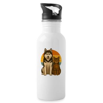 Husky und Katze - Trinkflasche mit integriertem Trinkhalm - Weiß - Rechts