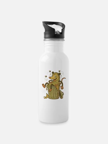 Retro Opossum Pizza Party - Garbage Can Cartoon - Water bottle with straw - white