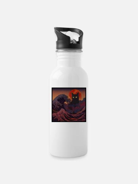 Mystic Black Cat Japanese Wave Night - Water bottle with straw - white