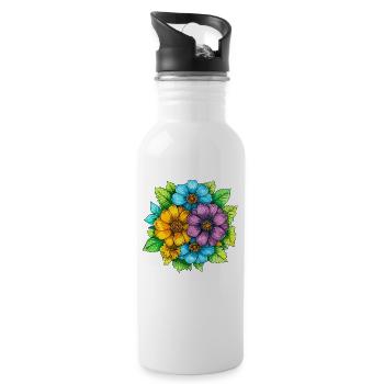 Lebendige Farbblumen Bouquet - Trinkflasche mit integriertem Trinkhalm - Weiß - Rechts