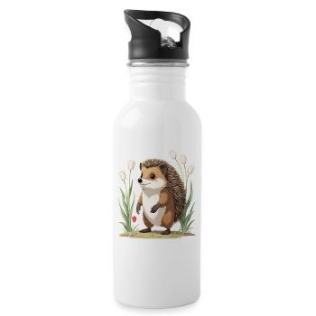 Igel im Tulpenbeet - Trinkflasche mit integriertem Trinkhalm - Weiß - Rechts
