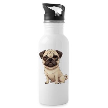 Süßer Mops mit Zwinkern Cartoon Hund Herrchen - Trinkflasche mit integriertem Trinkhalm - Weiß - Rechts