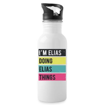 Ich bin Elias und mache Elias Dinge Retrofarben - Trinkflasche mit integriertem Trinkhalm - Weiß - Rechts
