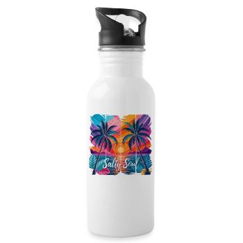 Salty Soul Sea Beach with Palm Trees by Sunset - Water bottle with straw - white - Right