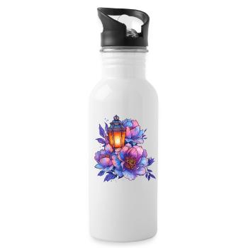 Laternenlicht vor bunten Pfingstrosen - Trinkflasche mit integriertem Trinkhalm - Weiß - Rechts