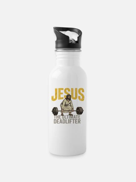 Jesus The Ultimate Deadlifter – Retro Fitness - Water bottle with straw - white