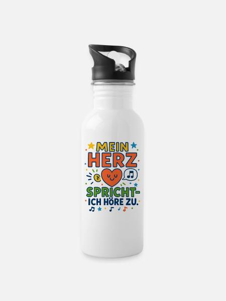 My heart speaks – I listen - Water bottle with straw - white