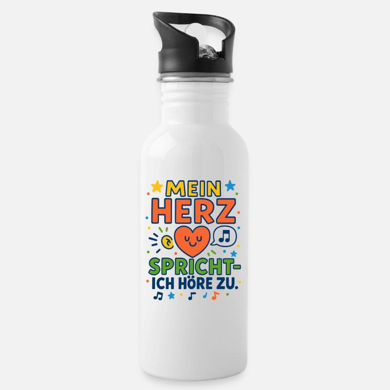 My heart speaks – I listen - Water bottle with straw - white