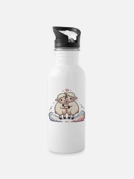 Sheep Couple Heart - Water bottle with straw - white
