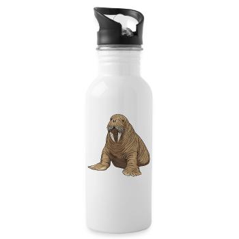Walrus Charm: Vintage Animal Drawing - Water bottle with straw - white - Right