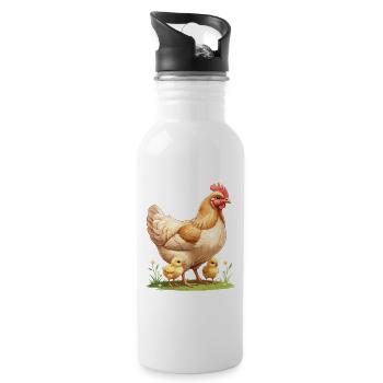 Henne mit Küken auf Blumenwiese - Trinkflasche mit integriertem Trinkhalm - Weiß - Rechts